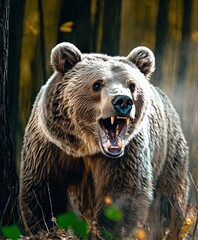 Bear roaring in dense forest during autumn