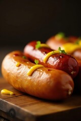Juicy grilled frankfurter, yellow mustard smear , yummy, barbecue