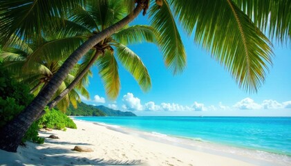 Fototapeta premium Lush palm trees arch over a pristine, sandy beach , coastline, dune, holiday