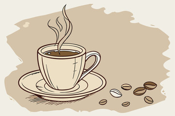 Obraz premium Watercolor painting, steaming cup of coffee, golden brown ceramic mug, saucer, warm tones, delicate wisps of steam, textured paper background, minimalist composition, soft edges, inviting atmospher