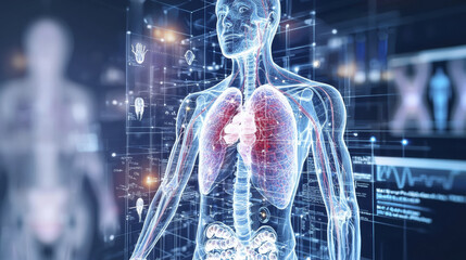 Digital illustration of human body with highlighted lungs and internal organs, showcasing anatomy and health technology
