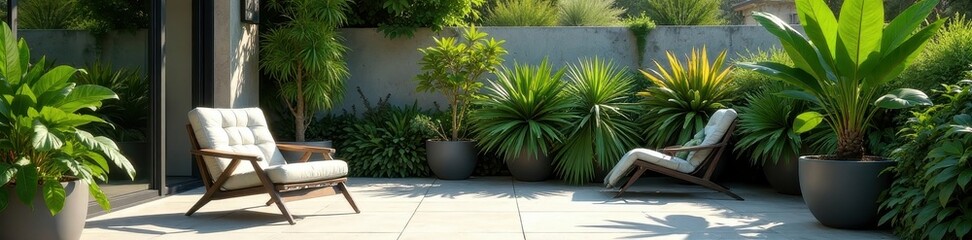 Fototapeta premium Modern patio, metal chairs, large potted ficus, geometric, patio