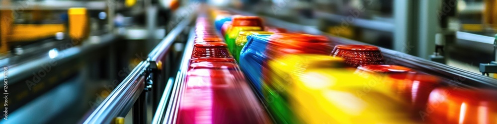Poster a conveyor belt in a factory setting, filled with various colorful items