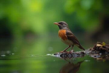 Fototapeta premium Puff-throated Babbler near water, Pong, jungle, Maharashtra, small bird, water