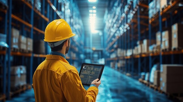 Warehouse Manager with Hard Hat Using Tablet for Logistics Control and Worker Oversight