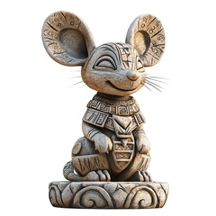 Cartoonish Aztec Sculpture of a Deer and Mouse with Intricate Patterns and a Playful Expression in White Stone
