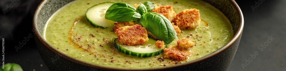 Poster fresh vegetable soup served in a bowl with sliced cucumber and crispy bread croutons