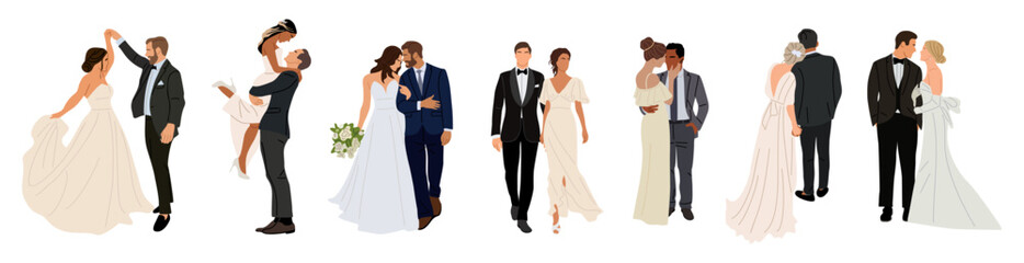 Fototapeta premium Set of different wedding couples. Bride and groom in formal clothes on wedding day, marriage ceremony. Just married love couple, newlyweds. Realistic vector illustrations isolated