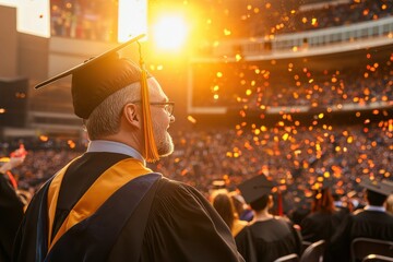 Back view, an adult man celebrates his graduation with confetti. The scene turned out to be joyful and festive. freedom, university graduation, retired student.