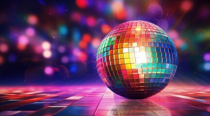 Obraz premium Disco ball centered on a lit dance floor with blurry lights background used for party or event design