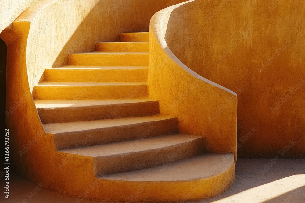 Poster staircase ascending to the top of a building, with a view from the top