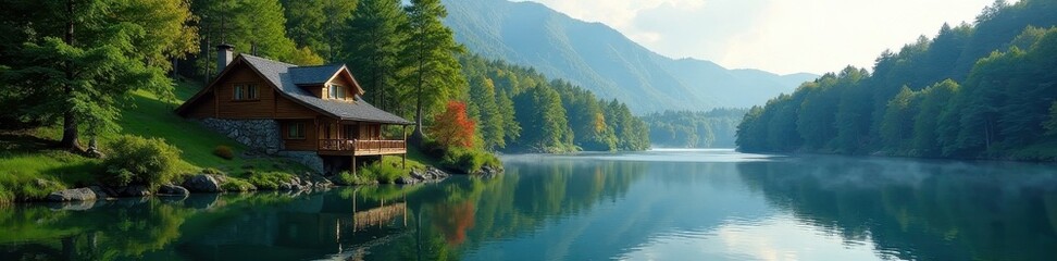 Secluded lake house nestled amongst lush trees , cabin, photography, autumn