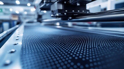 A surreal macro lens displays a large industrial machine accurately applying tiny adhesive points on continuous paper, with a high-tech factory environment as the background, presenting fine details.