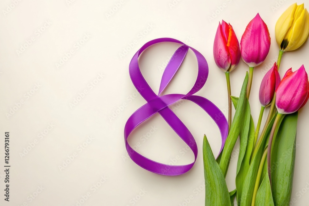 Poster Tulips arranged on a white surface with a number 8 in the center
