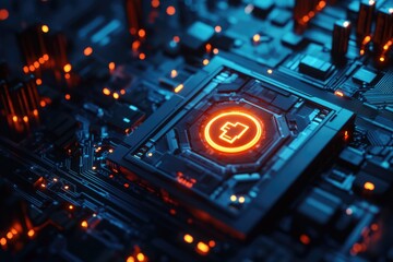 Fototapeta premium A detailed view of electronic components and wires, featuring a bright neon ring