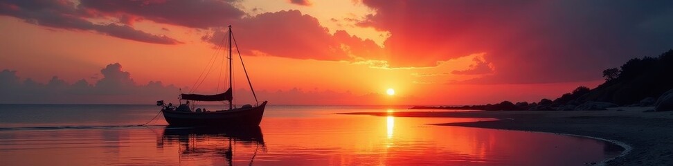 Silhouetted boat at low tide, fiery sunset sky , nature, low tide