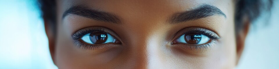 Obraz premium Close-up shot of a woman's face with bright blue eyes, ideal for editorial or advertising use