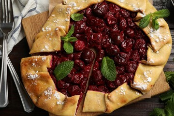 Tasty galette with cherries and mint served on wooden table, flat lay