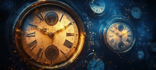 Naklejka premium Vintage Clocks Surreal Timepiece Dreamscape Intricate Dials Soft Lighting Ethereal Blues Memory History Classic Retro