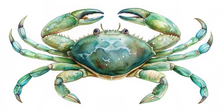 A Detailed Watercolor Painting of a Green Crab with Striking Claws and Vibrant Hues