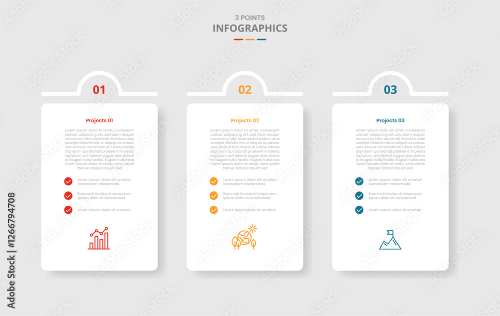 Poster 3 points template comparison concept for infographic with vertical box with half circle top badge wi