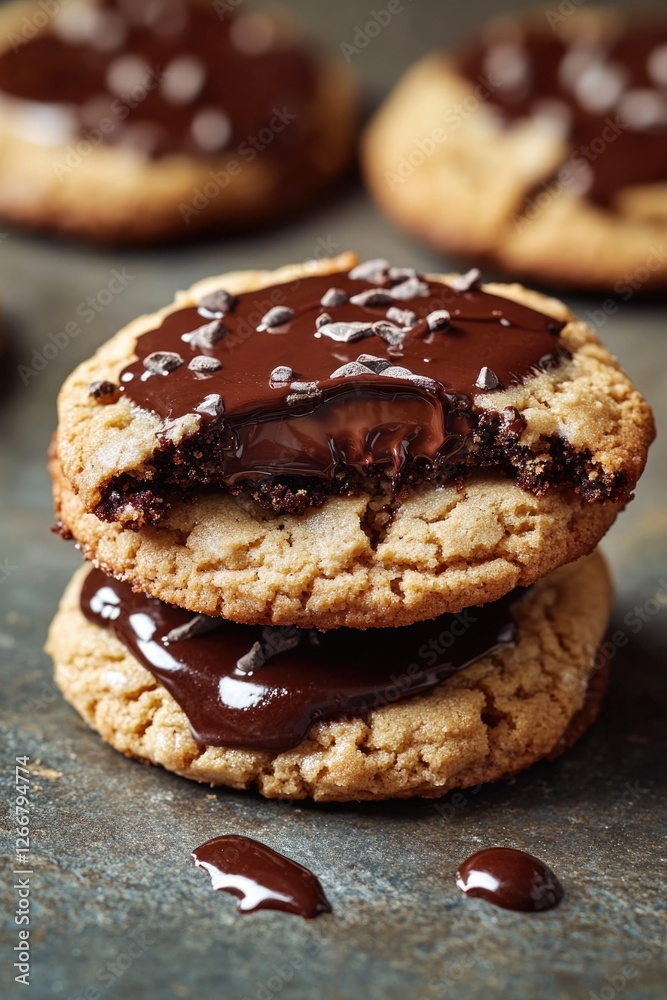 Poster stack of cookies with rich chocolate frosting on a wooden table, perfect for snacking or decorating