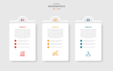 3 points template comparison concept for infographic with vertical box with half circle top badge with drop shadow style with two point list information