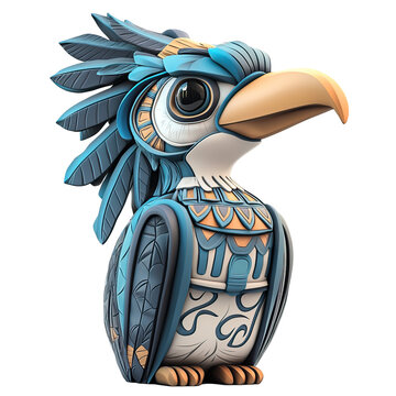 Cartoonish Aztec Style Kingfisher Sculpture in Vibrant Blue and White Color Scheme