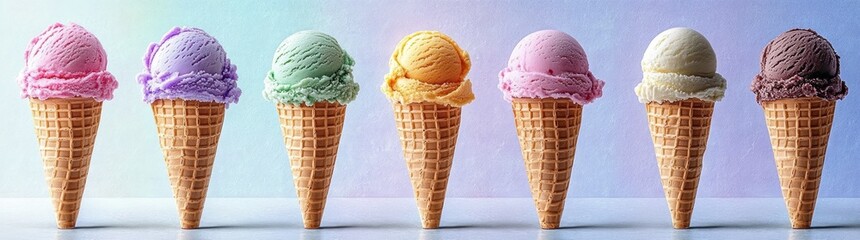 Colorful Ice Cream Cones with Various Flavors and Waffle Cones