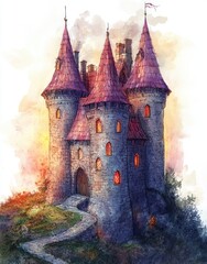 Fototapeta premium Fairy Tale Castle Illustration in Vibrant Watercolor Style with Pastel Colors and Whimsical Perspective