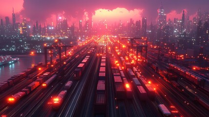 A vibrant train terminal glowing with activity as goods are being loaded for export, modern and efficient 