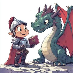 Cheerful Knight with Friendly Dragon and Storybook © smartcat