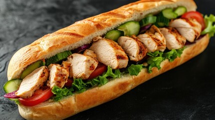 Grilled chicken sub sandwich on a baguette with lettuce, tomato, cucumber, and red onion.