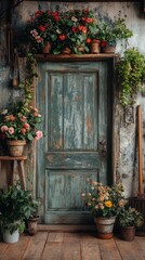 Fototapeta premium Ultra-realistic indoor garden arrangement with blooming flowers in aged pots, vintage garden tools on a wooden door, creating earthy home decor with sharp focus in 4K resolution.