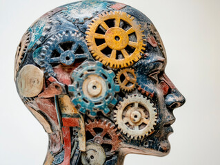 A detailed close-up image of a head filled with gears symbolizing cognitive development.