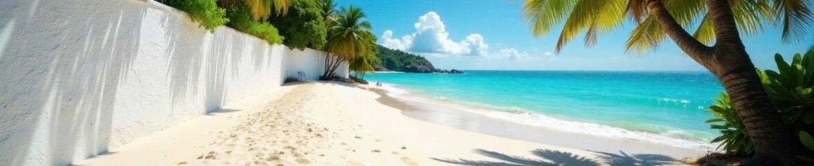 Obraz premium Sun-drenched beach, whitewashed wall, tree's shade , sea, image, design