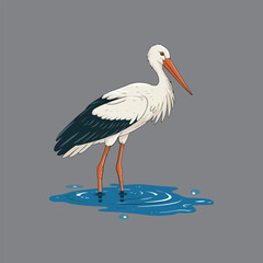 Fototapeta premium A colorful digital illustration of a stork standing in a small blue water puddle, with long orange legs