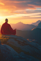 Buddhist monk meditating on a mountain peak, finding inner peace amidst a breathtaking sunset over the himalayas