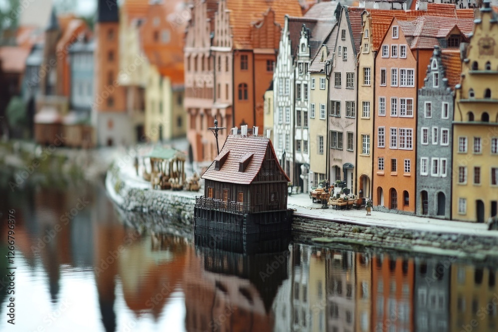 Poster a small scale model of a city situated on a body of water, ideal for illustrations and designs relat