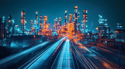 Fototapeta premium A vibrant export-import infographic displayed as glowing holograms over a busy industrial backdrop, modern and conceptual 