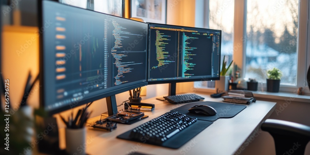 Poster A computer desk with two monitors and a keyboard, suitable for working or gaming