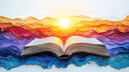A realistic close-up of a sunrise above an open book, symbolizing new beginnings in learning.