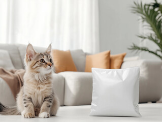 Realistic zippered pet food bag with blank branding in a cozy setting with cat.