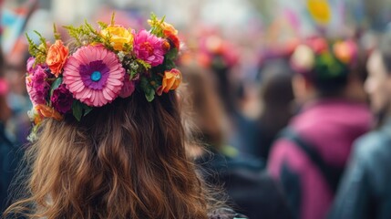 Naklejka premium A woman wearing a beautiful flower crown on her head, great for floral or bohemian themed designs
