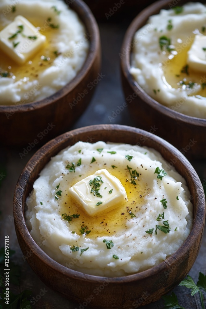 Poster three servings of creamy mashed potatoes topped with butter and parsley
