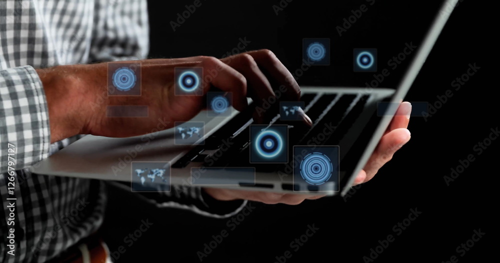 Poster image of data processing with scope scanning over caucasian businessman using laptop