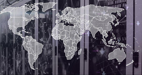 Image of world map and arrows over shapes and server room