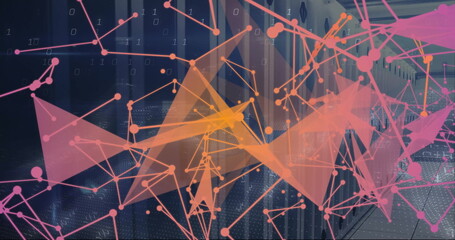 Image of shapes moving and binary coding over server room