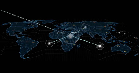 Image of communication network and data processing over world map on black background