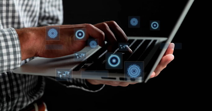 Image of data processing with scope scanning over caucasian businessman using laptop